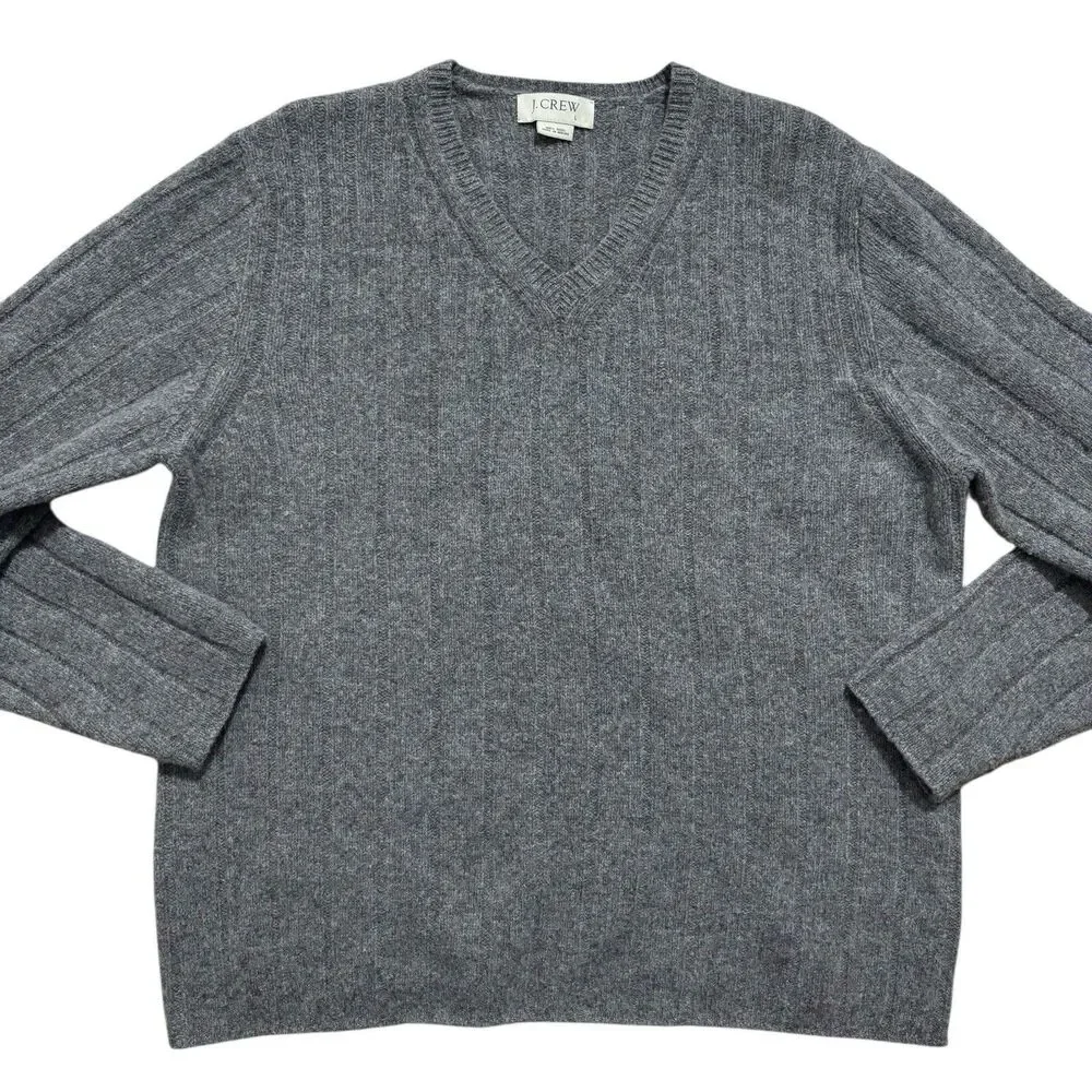 J Crew Sweater Men’s Large Gray 100% Wool V-Neck Long Sleeve Preppy Vintage 90s